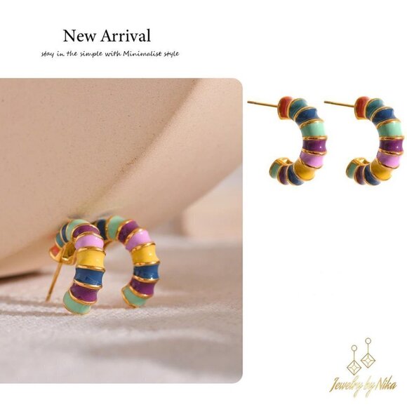 NEW 14K Yellow Gold Multicolor Enameluxe Boho Unique Hoop Luxury Stud Earrings - Picture 12 of 15